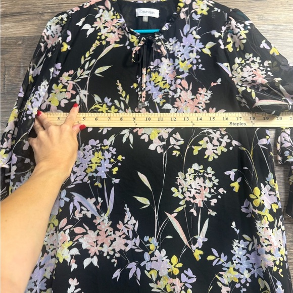 Calvin Klein Pink and Yellow Floral Ruffled Blouse with Bell Sleeves - Picture 3 of 6